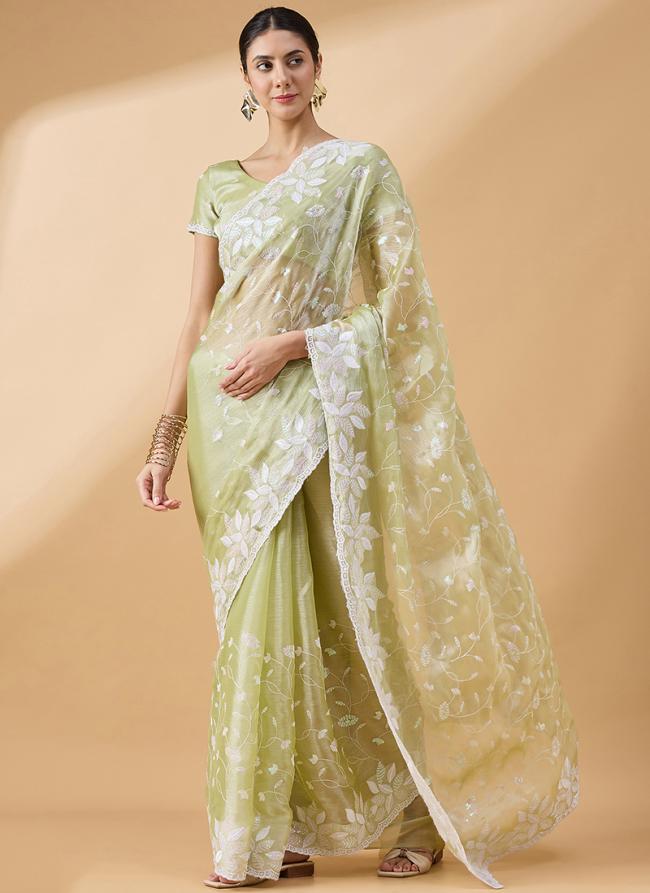 Tissue Slub Green Party Wear Sequence Work Saree